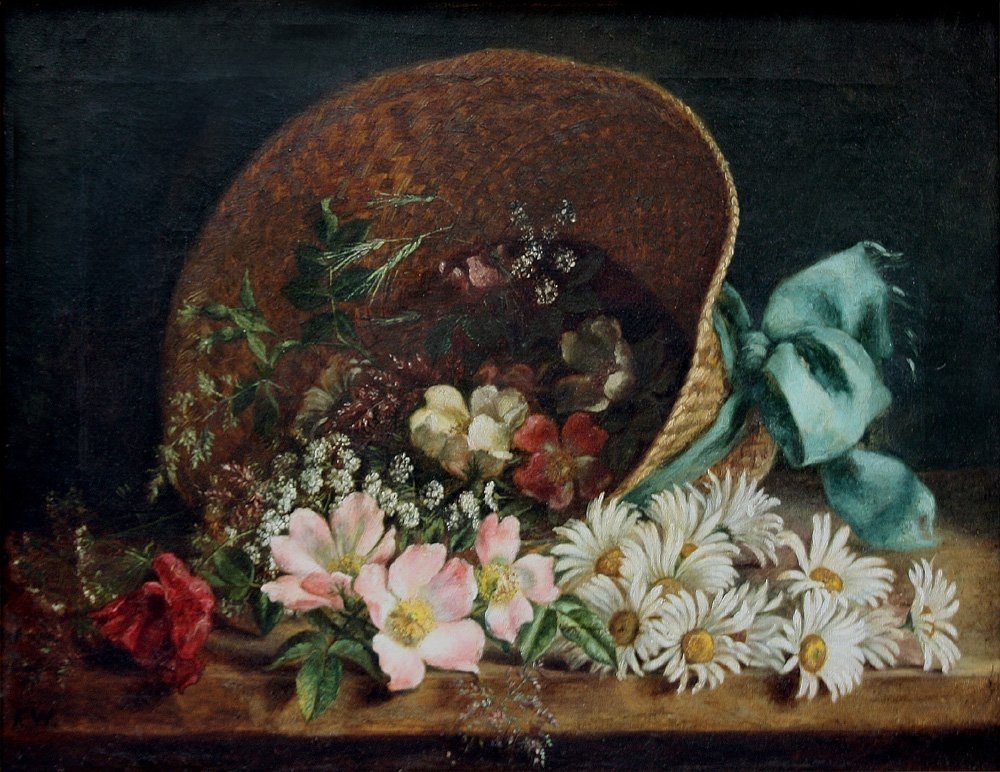 "scattered Flowers In A Straw Hat"  By A Flower Painter Of 19th Century-photo-2