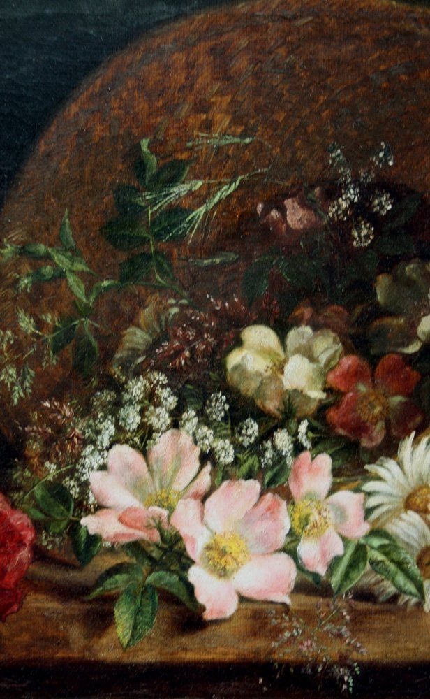 "scattered Flowers In A Straw Hat"  By A Flower Painter Of 19th Century-photo-3