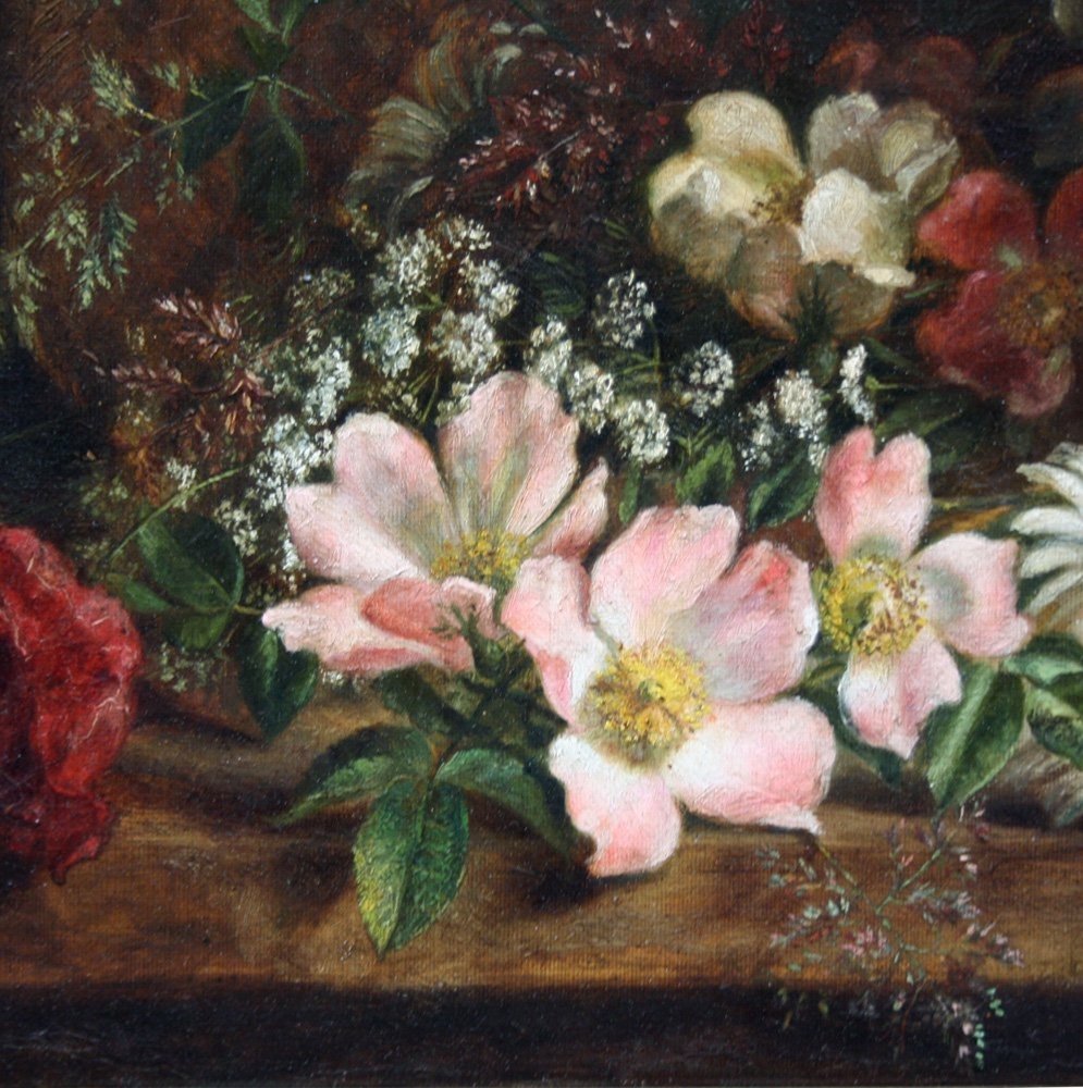 "scattered Flowers In A Straw Hat"  By A Flower Painter Of 19th Century-photo-4