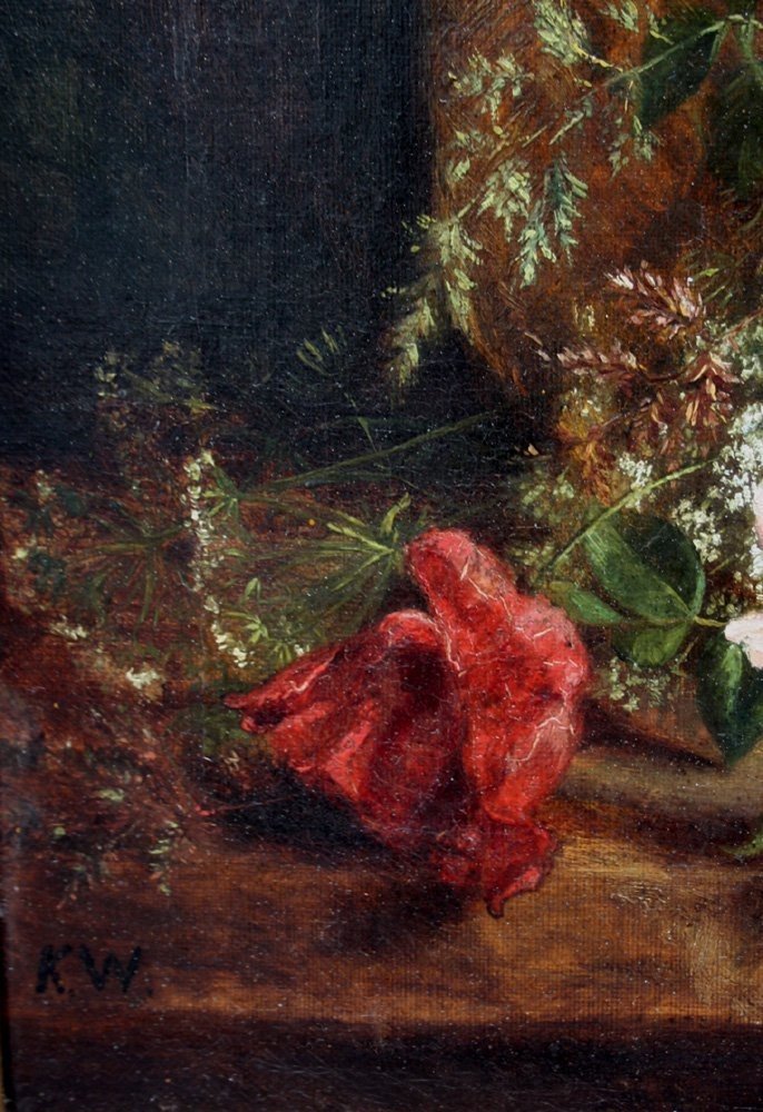 "scattered Flowers In A Straw Hat"  By A Flower Painter Of 19th Century-photo-3