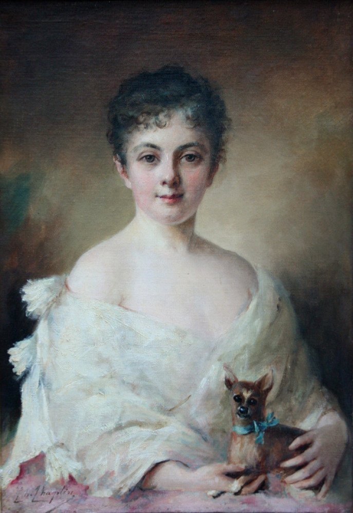 La Beauté Avec Son  Chien  Préféré par Charles Joshua Chaplin (français, 1825-1891)-photo-2