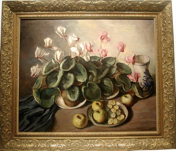 Nature morte aux fleurs et aux fruits d'Otto Schweigel (Tchèque, 1878 - 1954)