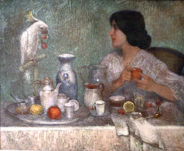 Adolf Wiesner (Tchèque 1871-1942) Petit déjeuner avec perroquet-photo-2