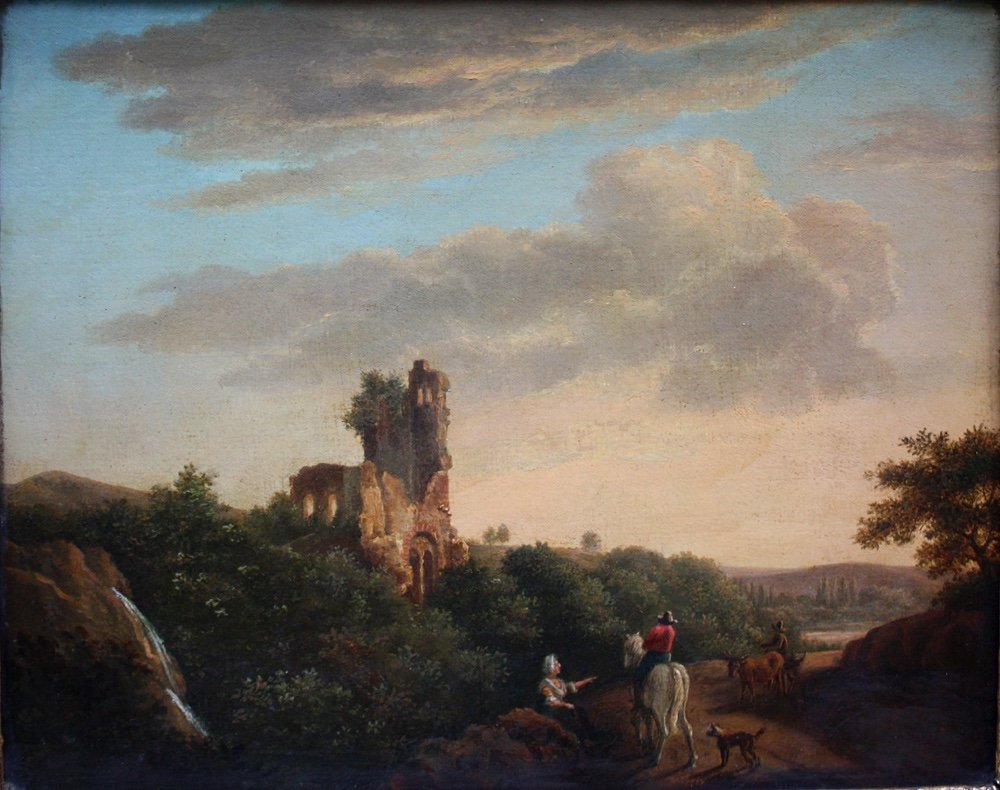 Paysage de coucher de soleil avec des voyageurs  par Jean-Louis De Marne (né en 1752), attribué-photo-2