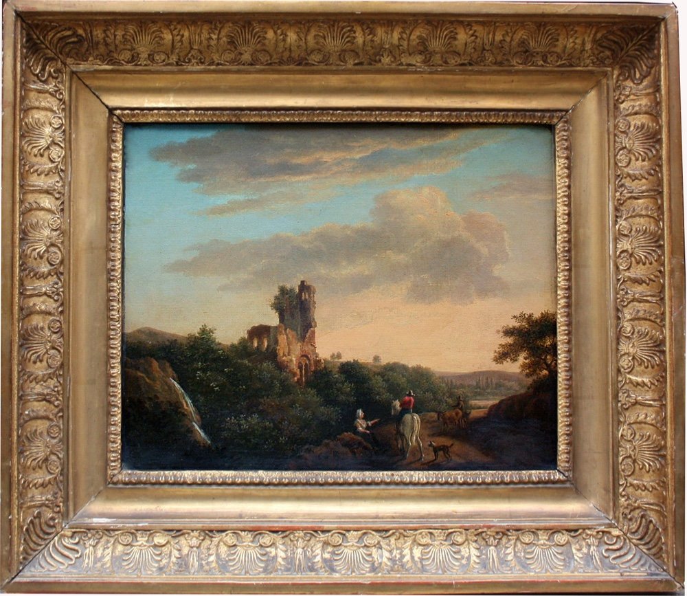 Paysage de coucher de soleil avec des voyageurs  par Jean-Louis De Marne (né en 1752), attribué