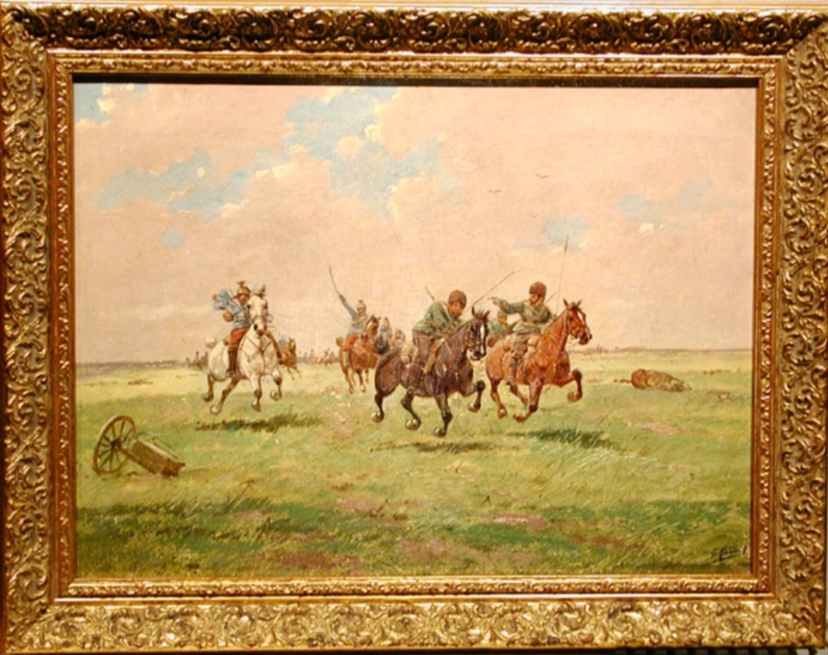 Escarmouche entre cosaques russes et uhlans français, paire de tableaux par G.Kotzbeck,XIXe sie-photo-2