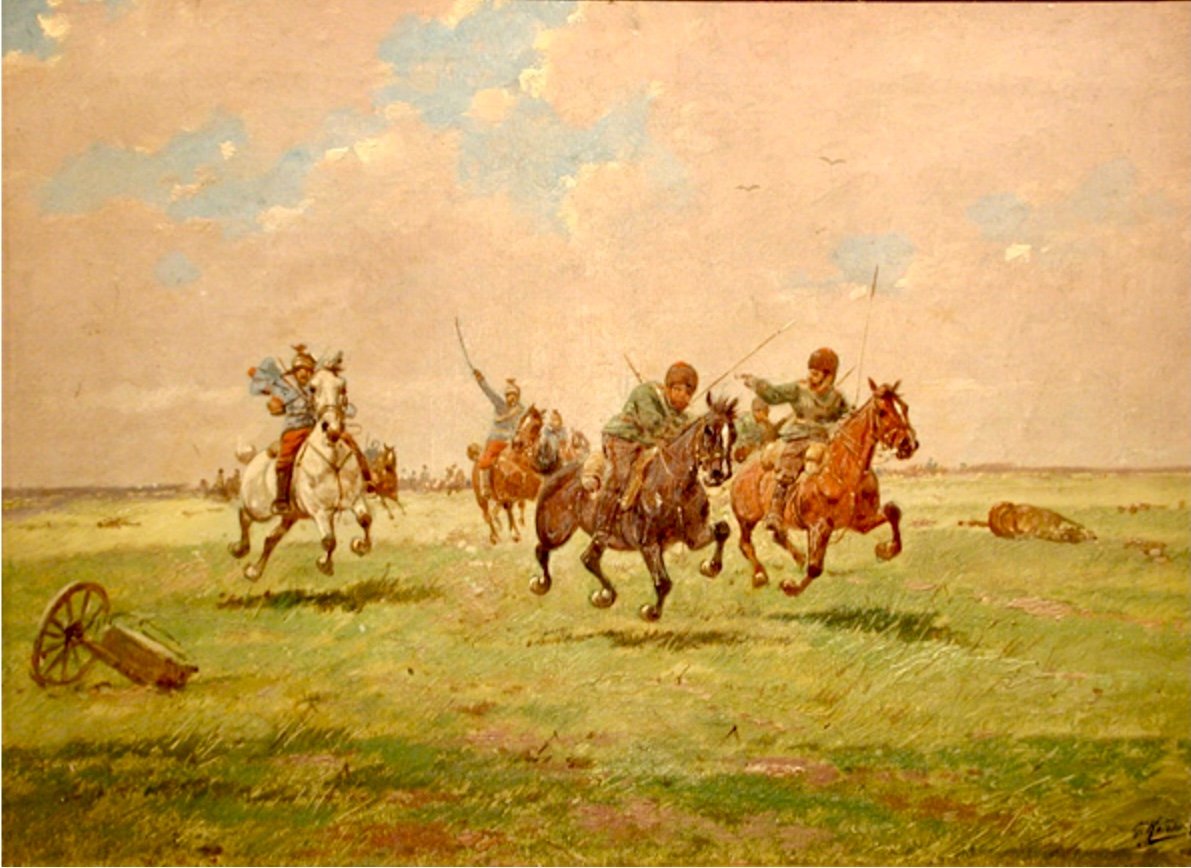 Escarmouche entre cosaques russes et uhlans français, paire de tableaux par G.Kotzbeck,XIXe sie-photo-3