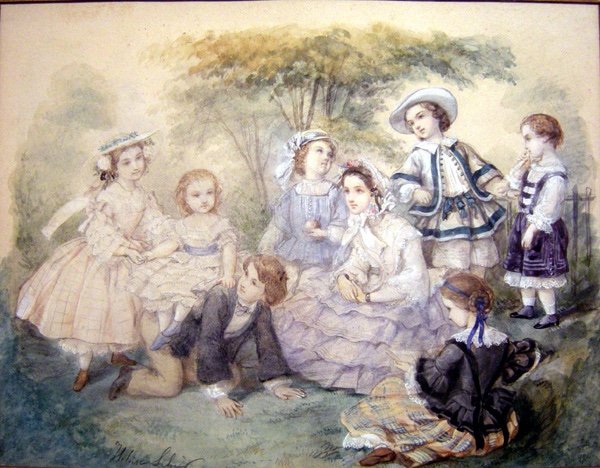 Paire d'aquarelles "Mode Second Empire, Jeux d'enfants" par HéloïseLeloir-Colin (1820-1873)-photo-3