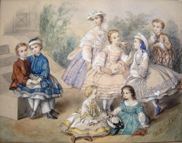 Paire d'aquarelles "Mode Second Empire, Jeux d'enfants" par HéloïseLeloir-Colin (1820-1873)-photo-4