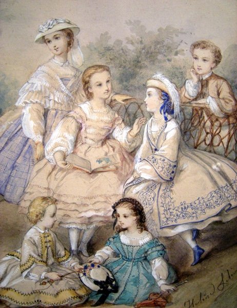 Paire d'aquarelles "Mode Second Empire, Jeux d'enfants" par HéloïseLeloir-Colin (1820-1873)-photo-5