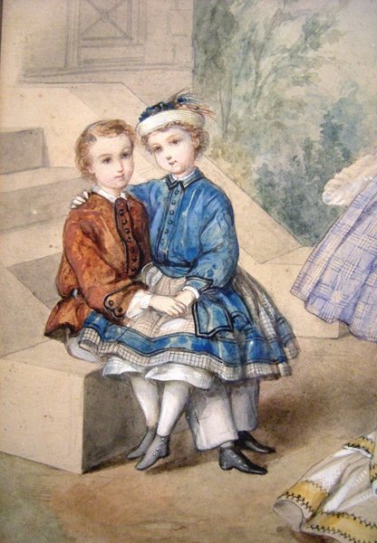 Paire d'aquarelles "Mode Second Empire, Jeux d'enfants" par HéloïseLeloir-Colin (1820-1873)-photo-6