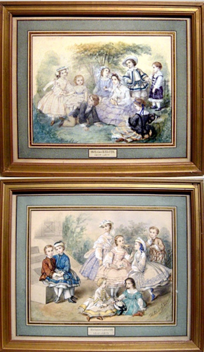 Paire d'aquarelles "Mode Second Empire, Jeux d'enfants" par HéloïseLeloir-Colin (1820-1873)