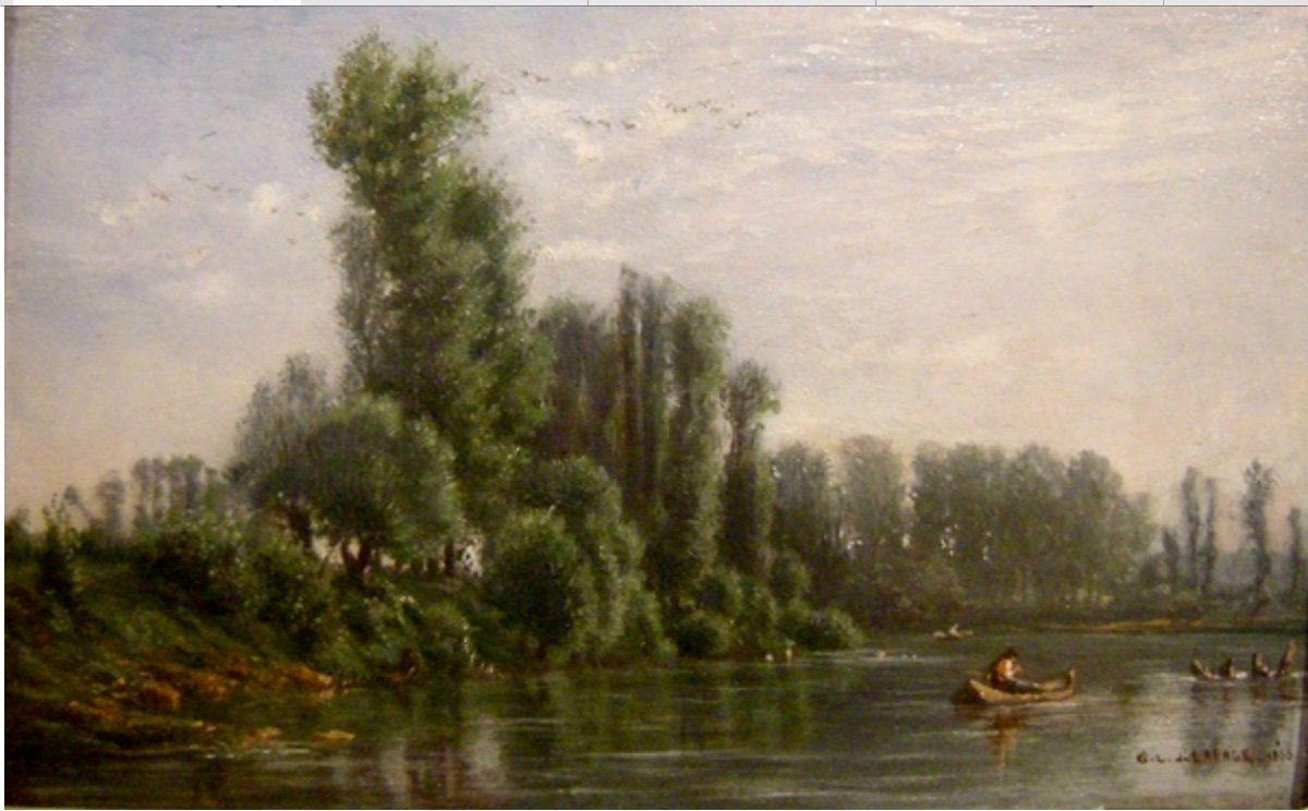 Georges Laujoil de La Fage ( Français 1830 - 1858) Paysage idyllique avec pêcheurs sur la riviè-photo-2