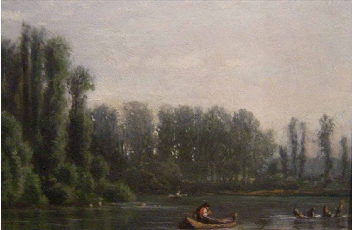 Georges Laujoil de La Fage ( Français 1830 - 1858) Paysage idyllique avec pêcheurs sur la riviè-photo-3