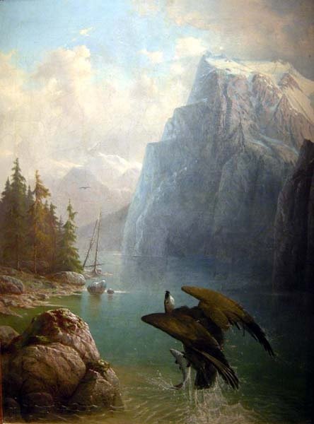 Eagle-hunter sur le lac de montagne par Friedrich Voltz ( allemand 1817-1886)