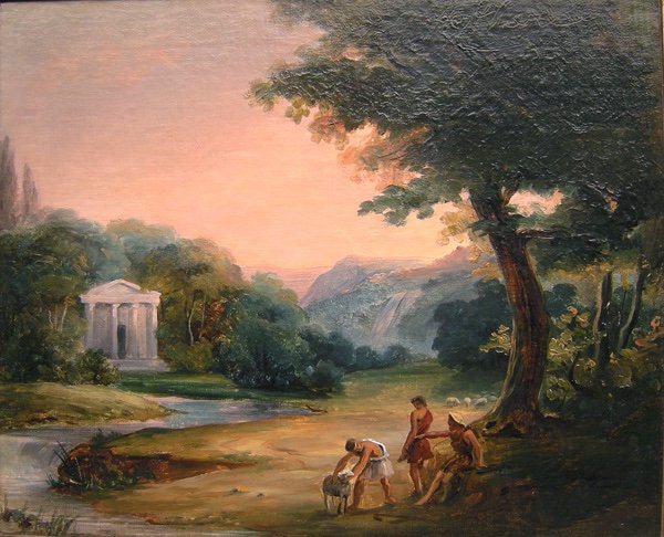 Paysage coucher de soleil avec personnages antiques et ruines par Philippe Thiere (1756 - 1815), attribué-photo-2