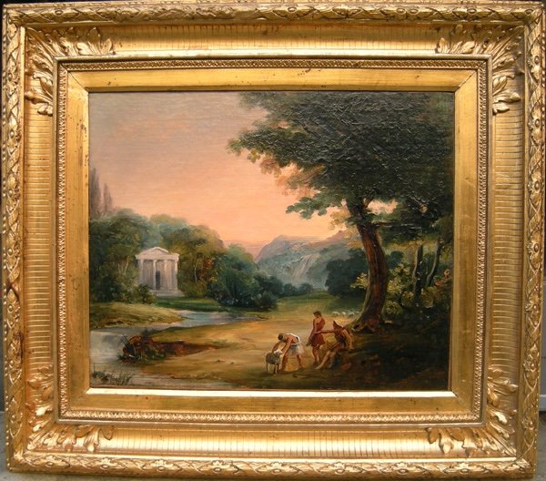 Paysage coucher de soleil avec personnages antiques et ruines par Philippe Thiere (1756 - 1815), attribué