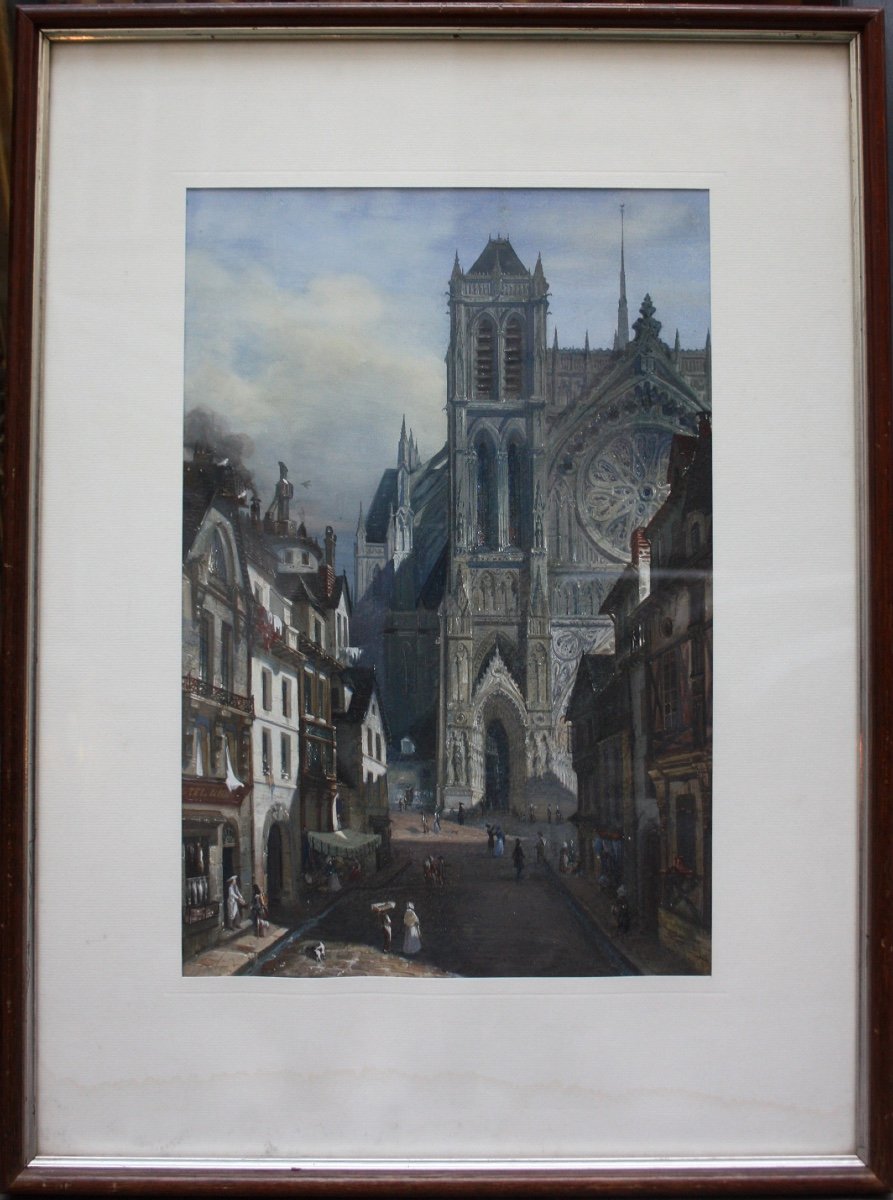 Adrien Dauzats (1804 Bordeaux - 1868 Paris) Scène de rue devant une cathédrale gothique (capriccio de Strasbourg)-photo-2