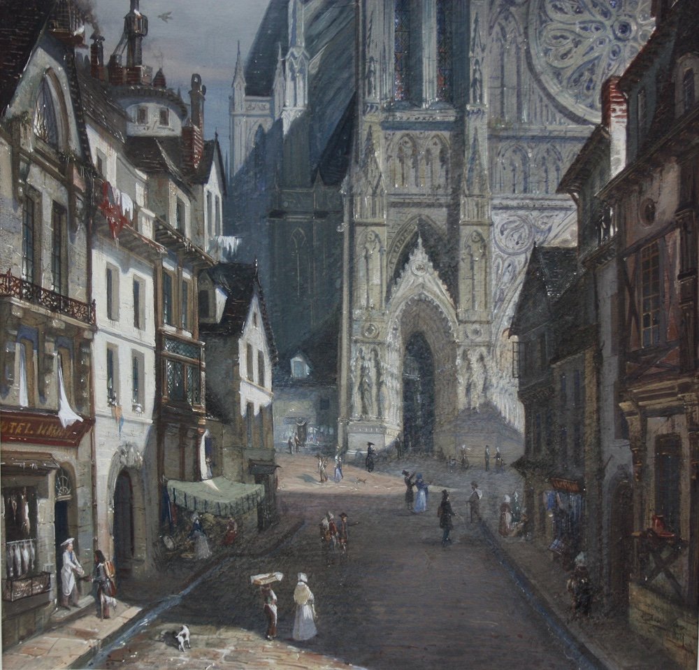 Adrien Dauzats (1804 Bordeaux - 1868 Paris) Scène de rue devant une cathédrale gothique (capriccio de Strasbourg)-photo-3