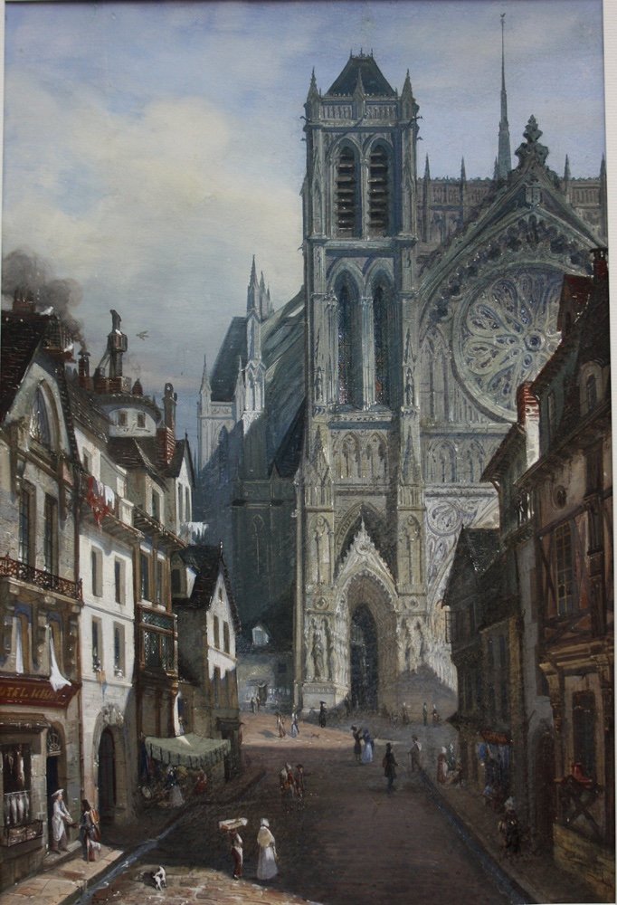 Adrien Dauzats (1804 Bordeaux - 1868 Paris) Scène de rue devant une cathédrale gothique (capriccio de Strasbourg)