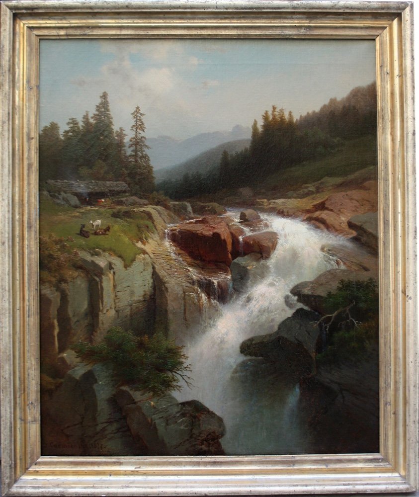 Dedo Carmiencke (kopenhague 1840-1907 Berlin)  Alpine Landscape With Farmhouse At The Waterfall