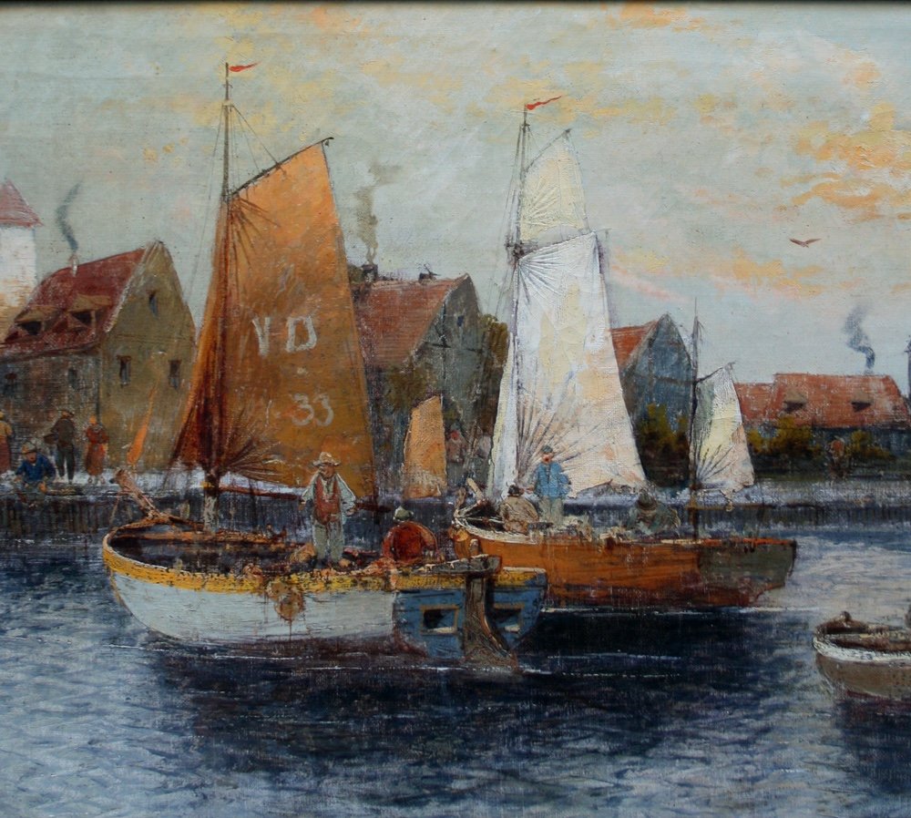 Dutch Harbor Scene By Georg Fischhof (1859 - 1914)-photo-3