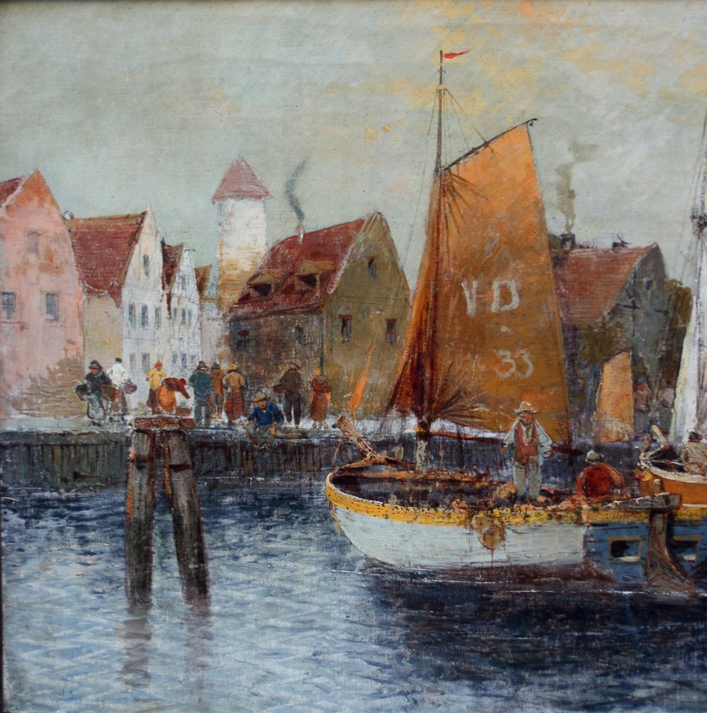 Dutch Harbor Scene By Georg Fischhof (1859 - 1914)-photo-1