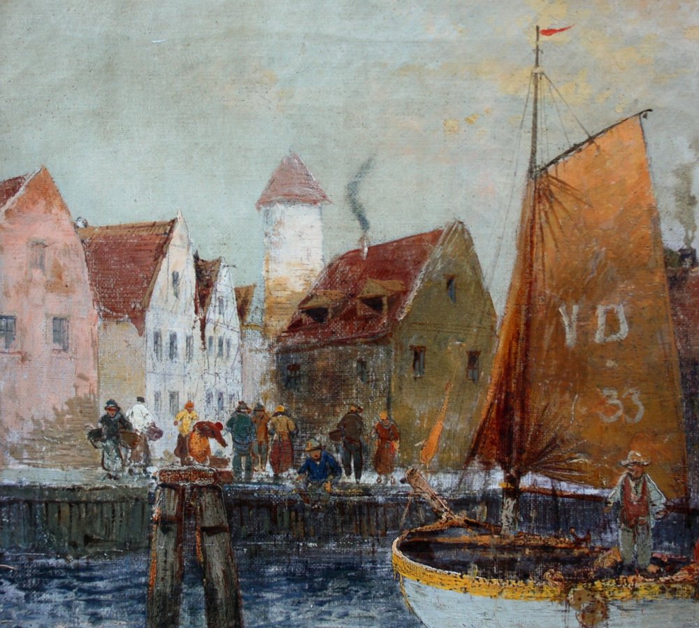 Dutch Harbor Scene By Georg Fischhof (1859 - 1914)-photo-2