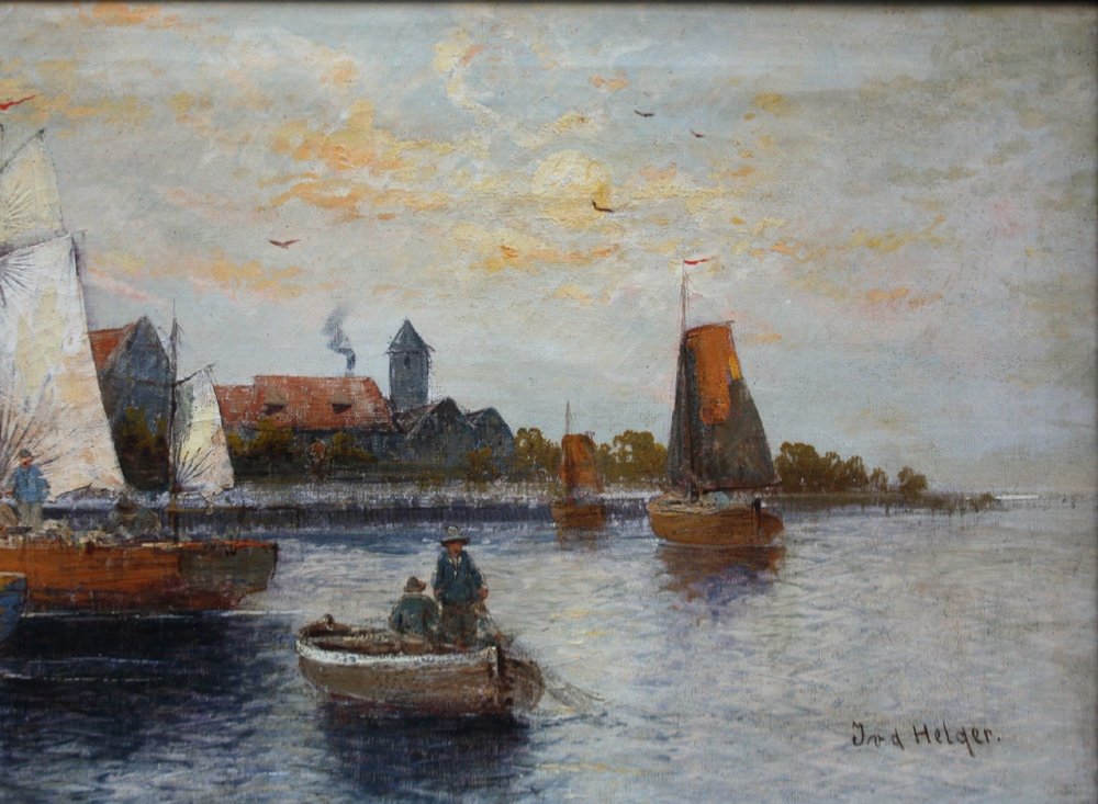 Dutch Harbor Scene By Georg Fischhof (1859 - 1914)-photo-3