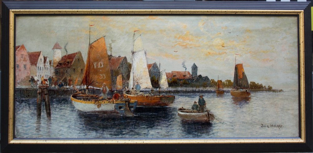 Dutch Harbor Scene By Georg Fischhof (1859 - 1914)