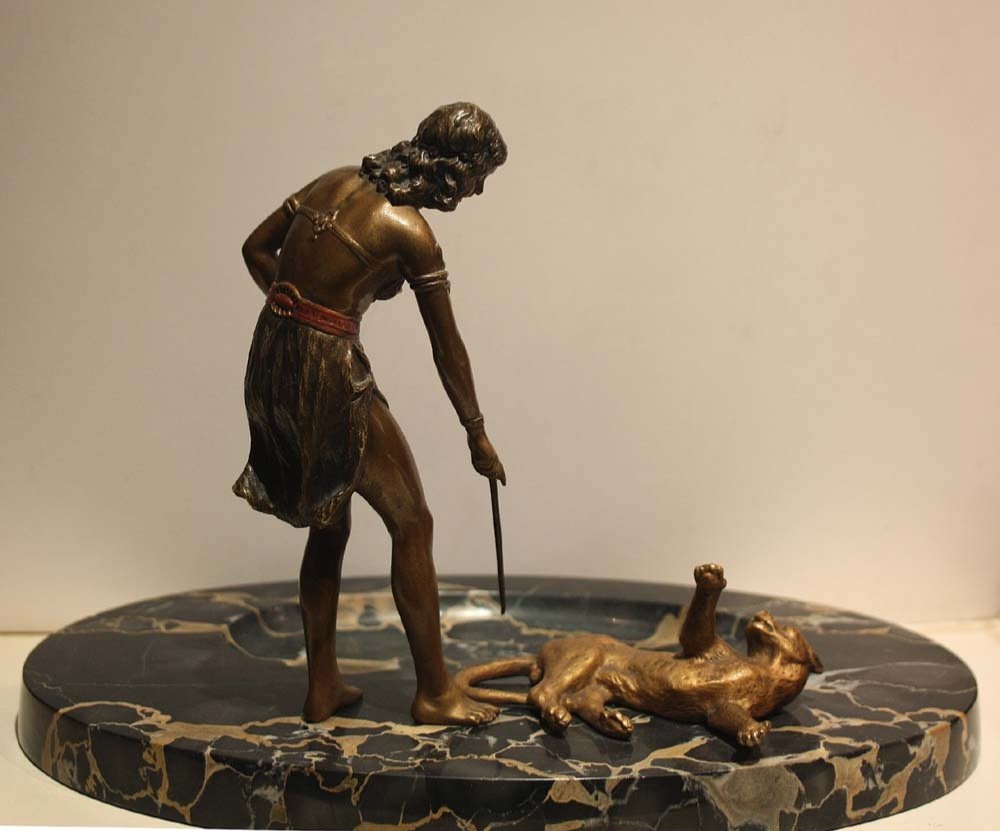 "Jouer avec la panthère", bronze de Vienne antique, bol pour cartes de visite-photo-3