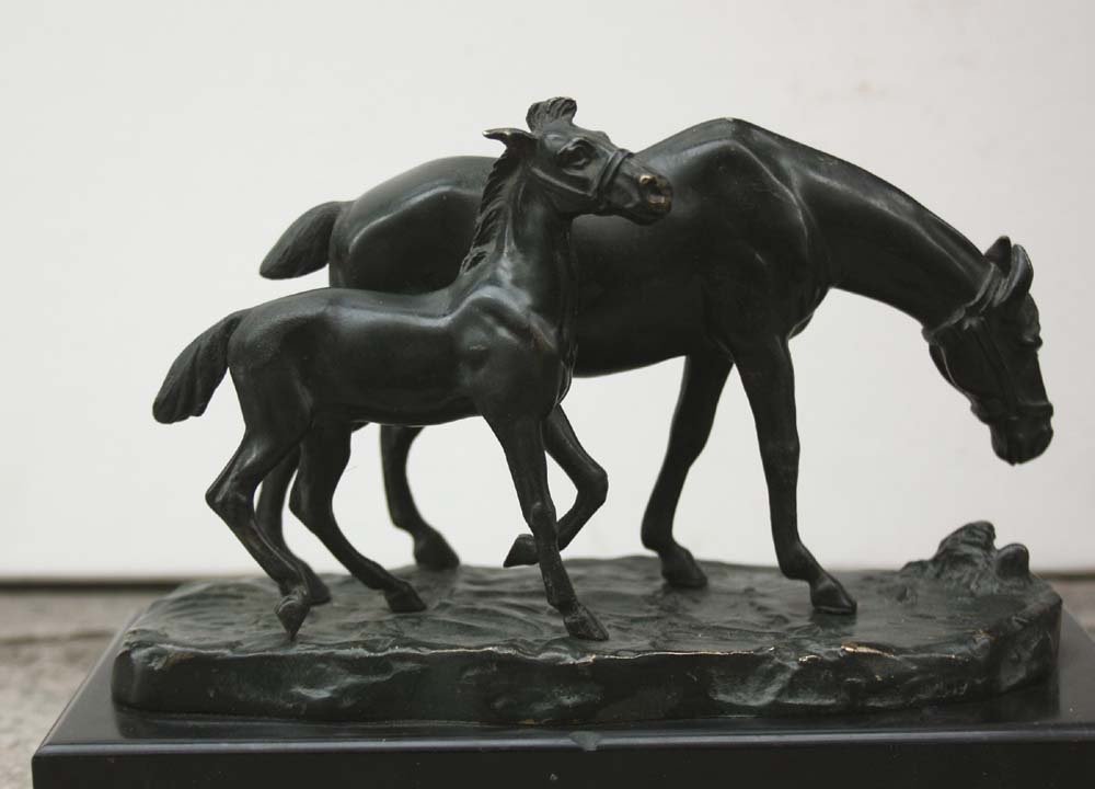 Cheval Avec Poulain, Sculpture en Bronze par A. Titze (autrichien, vers 1920)-photo-2