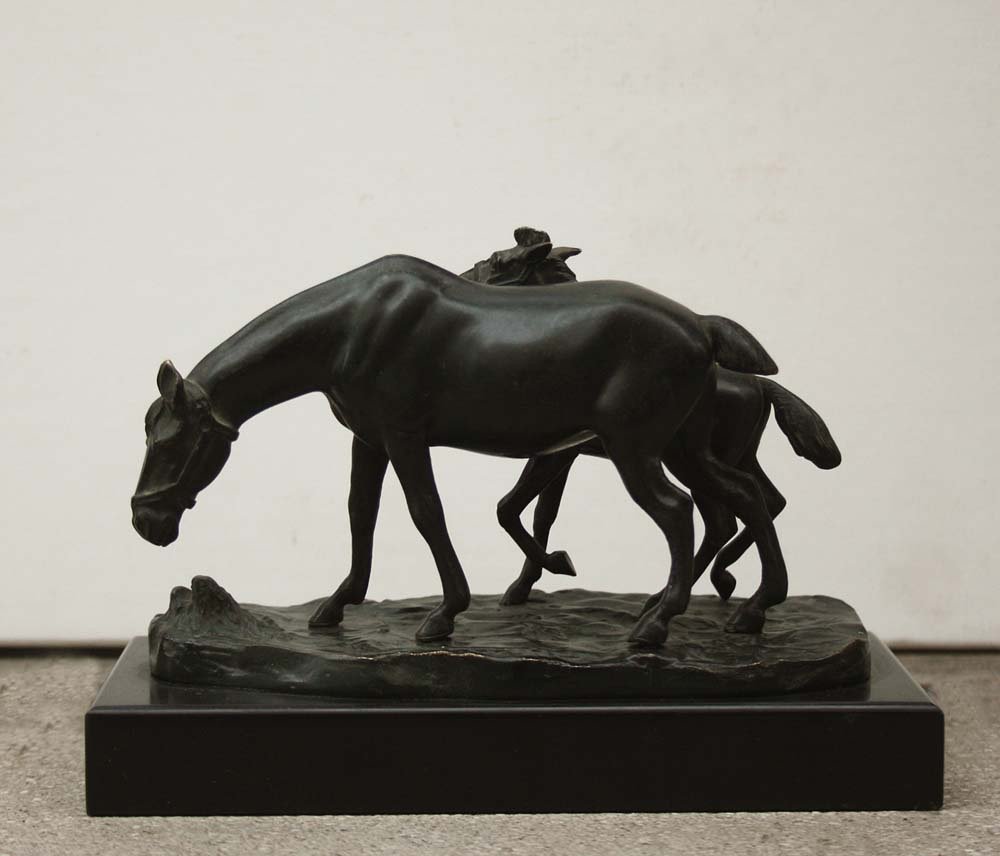 Cheval Avec Poulain, Sculpture en Bronze par A. Titze (autrichien, vers 1920)-photo-4