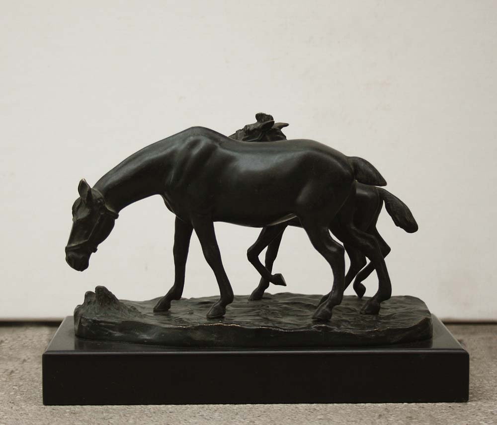 Horse With Foal, Bronze Sculpture  By A. Titze (austrian, Ca. 1920)-photo-4