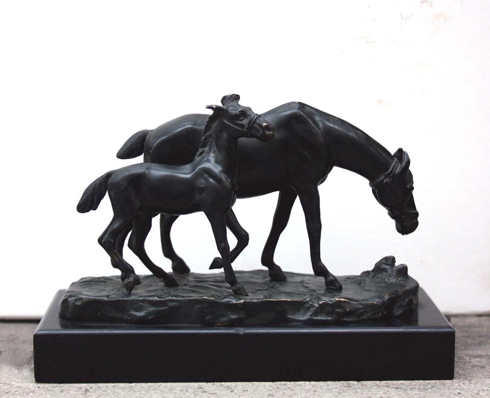 Horse With Foal, Bronze Sculpture  By A. Titze (austrian, Ca. 1920)