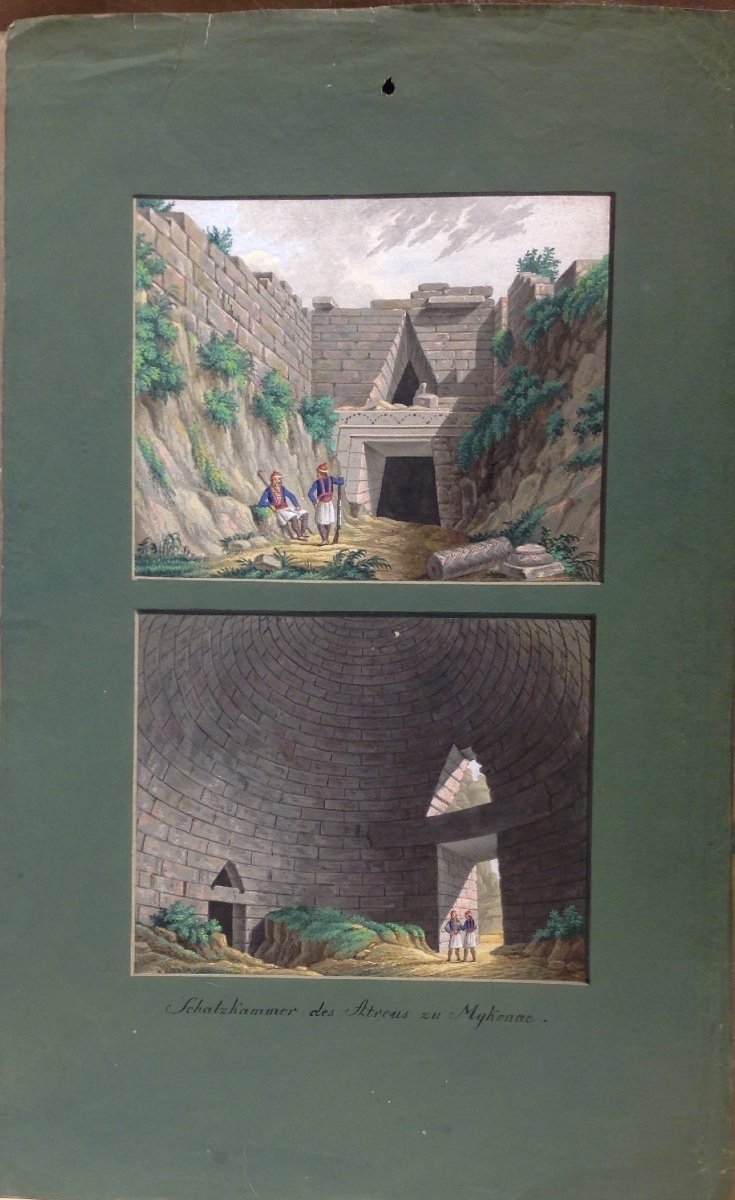4 feuilles de papier avec différentes aquarelles de Grèce, artiste allemand, début 19e siècle.