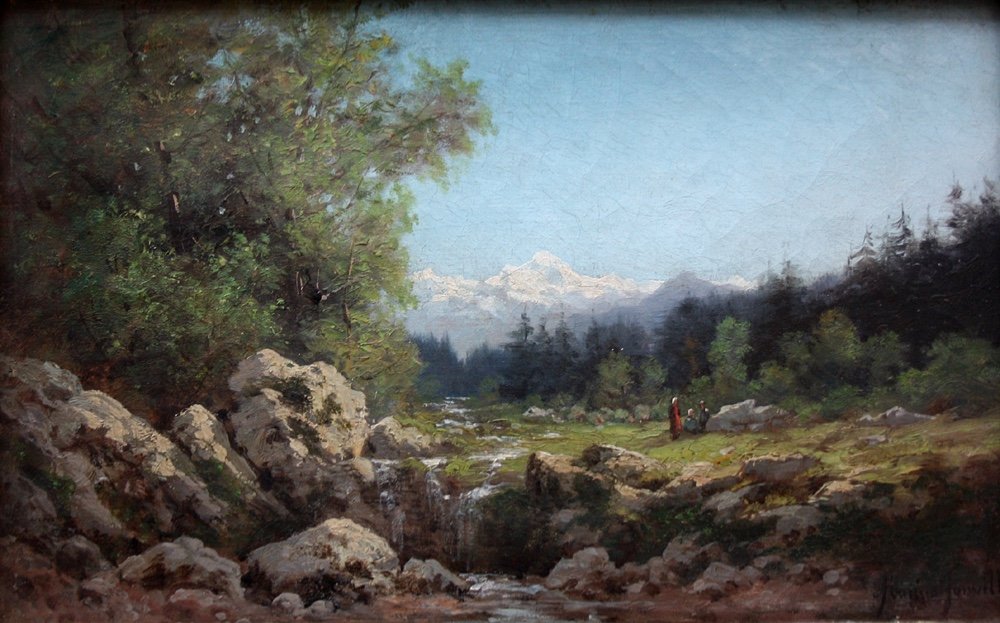 Mauris Louis Fonville ( 1863 - Lyon - 1925) Paysage de montagne avec personnages-photo-2