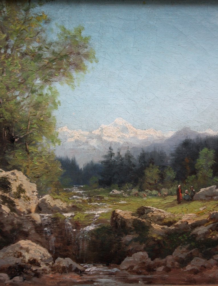 Mauris Louis Fonville ( 1863 - Lyon - 1925) Paysage de montagne avec personnages-photo-3