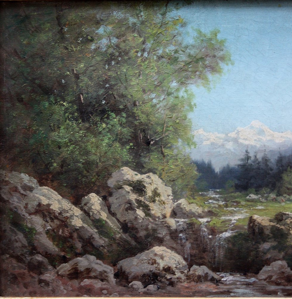 Mauris Louis Fonville ( 1863 - Lyon - 1925) Paysage de montagne avec personnages-photo-4