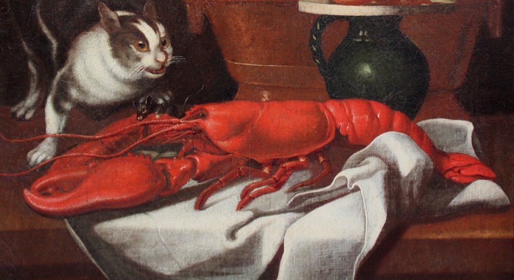 Hollandais, XVIIe siècle Cuisine nature morte avec un chat, une souris morte sur un homard-photo-2