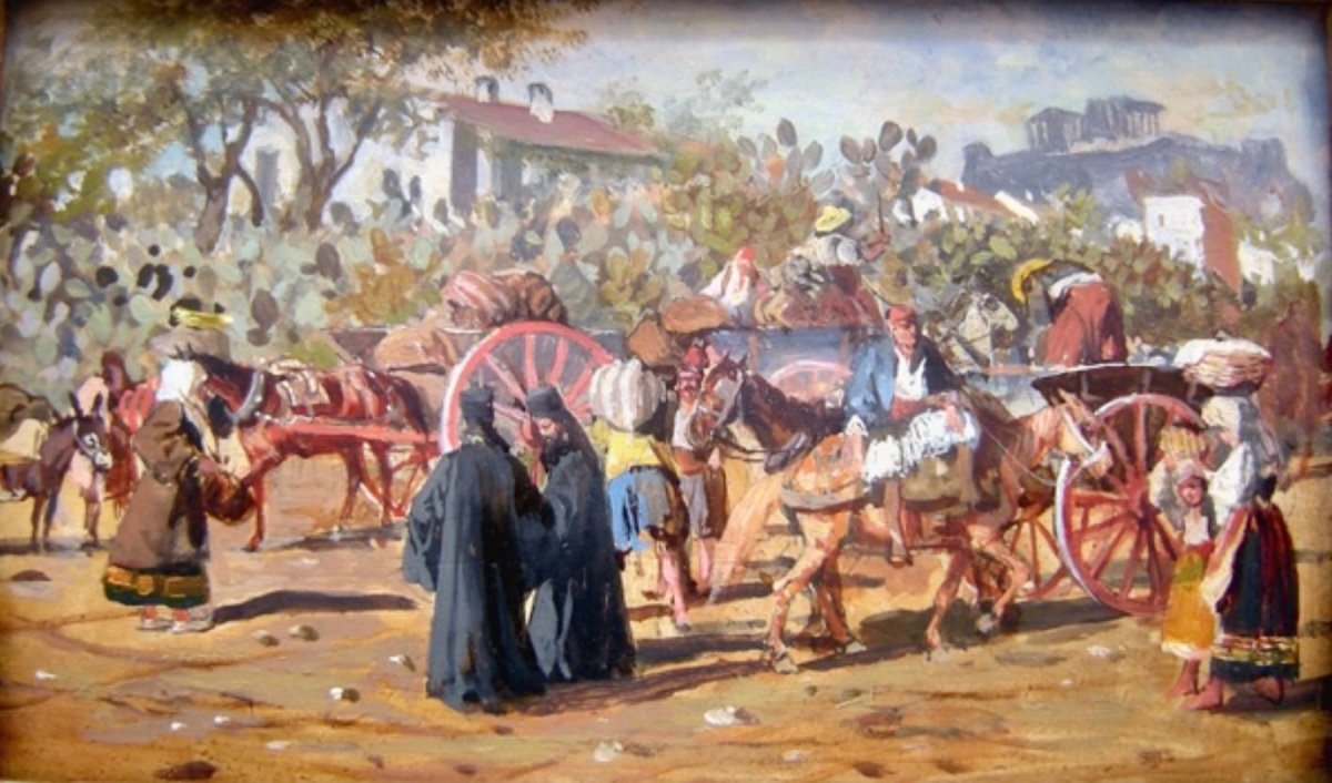 Joseph Von Berres-pérez (1821 - 1912) Market Scene In Athens With The Acropolis In The Background
