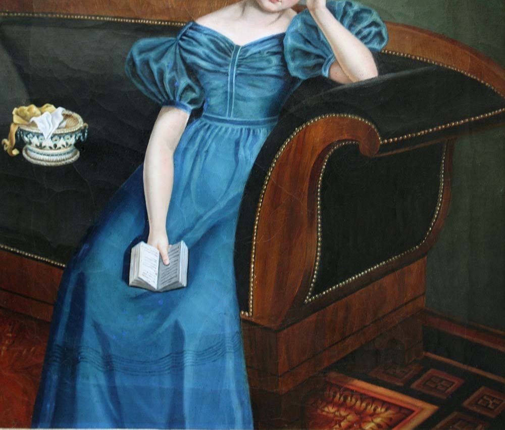 France, Circa 1800-1810, Portrait Of A Woman On A Sofa, A Book In Her Hand-photo-1