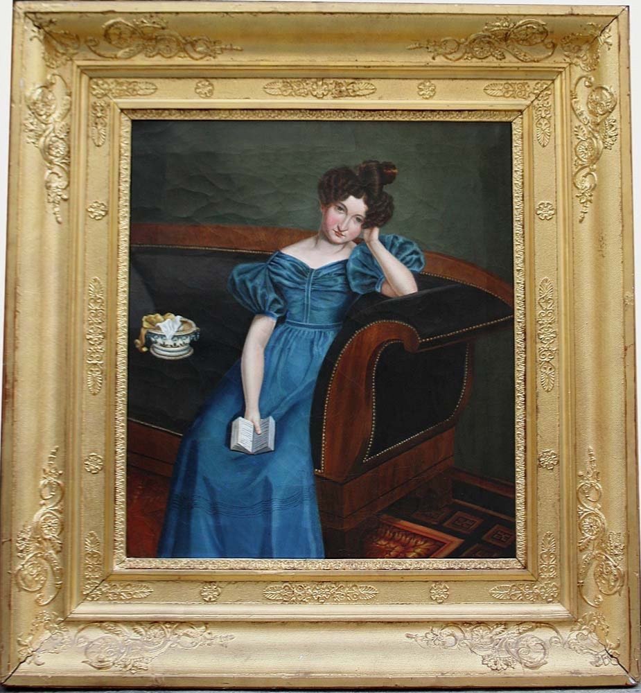 France, Circa 1800-1810, Portrait Of A Woman On A Sofa, A Book In Her Hand