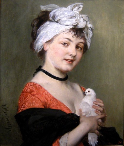 Young Beauty With Pigeon By Johann Caspar Herterich (1843 - 1905)-photo-2