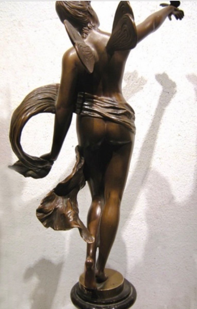 "Nymphe de la forêt au papillon" par Franz  Rosse (1858 - 1900), bronze, signé & daté 1891-photo-1