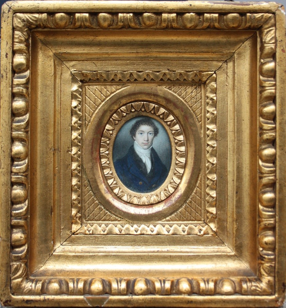 Portrait Miniature Of A Young  Gentleman In A Blue Frock Coat And White  Neckerchief, Around 1800