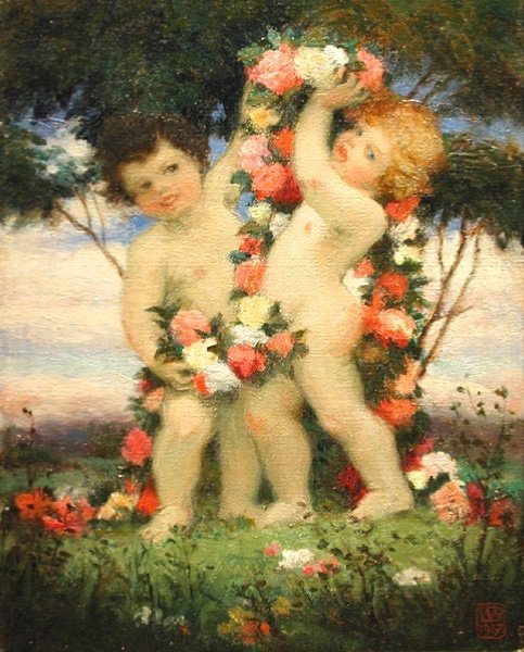 Cupids With Floral Garland By Bedrich Wachsmann (czech 1871-1944)-photo-2