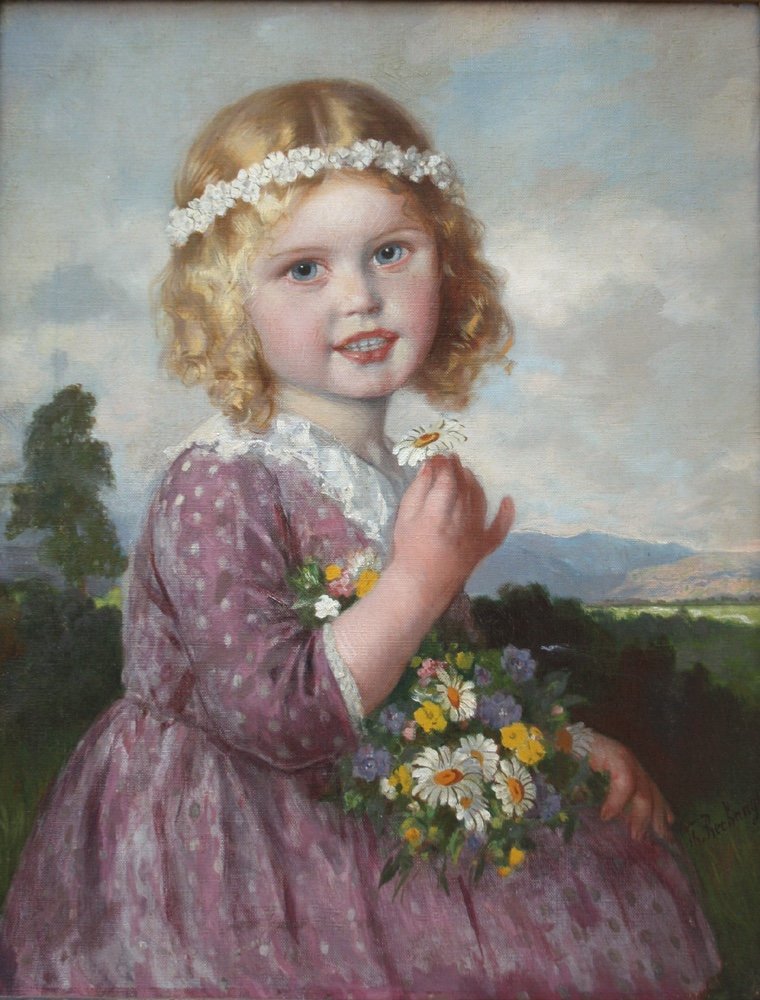 Theodor Recknagel (1865 - 1945) Portrait d'une jeune fille blonde aux fleurs-photo-2