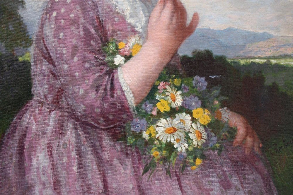 Theodor Recknagel (1865 - 1945) Portrait Of A Blonde Girl With Flowers-photo-4