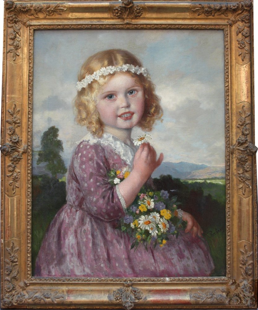 Theodor Recknagel (1865 - 1945) Portrait d'une jeune fille blonde aux fleurs